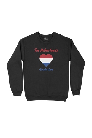 Amsterdam Hollanda Bayraklı Kalpli Siyah Sweatshirt