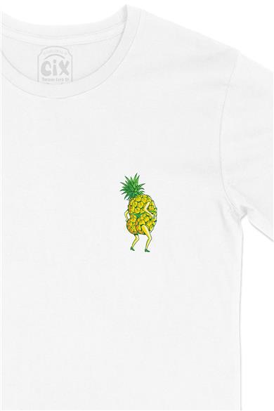 Ananas Girl Cep Tasarım Baskılı Beyaz Tişört