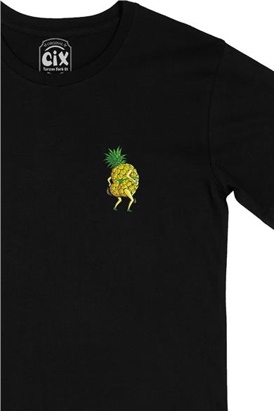 Ananas Girl Cep Tasarım Baskılı Siyah Tişört