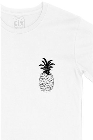 Ananas Tasarımlı Cep Logo Tasarımlı Beyaz Tişört