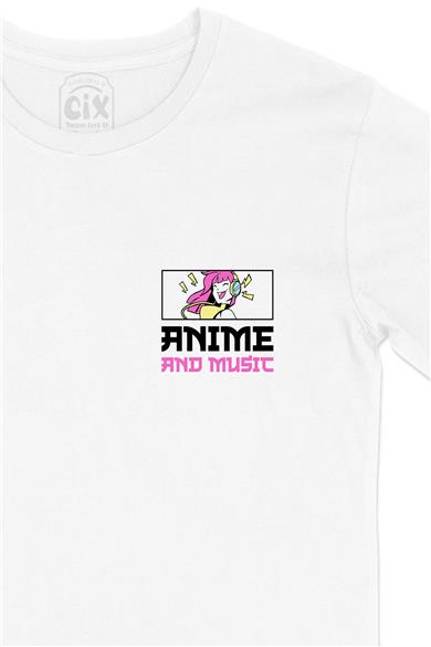 Anime And Music Cep Tasarım Baskılı Beyaz Tişört