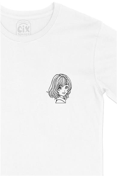 Anime Girl Çizimli Cep Tasarım Baskılı Beyaz Tişört