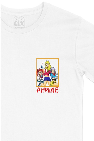 Anime Girls Cep Logo Tasarımlı Beyaz Tişört
