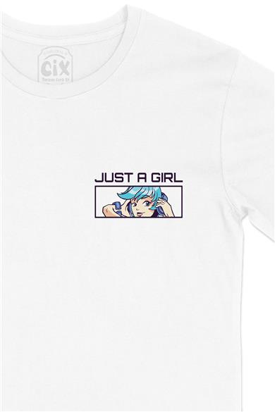 Anime Just A Girl Cep Tasarım Baskılı Beyaz Tişört