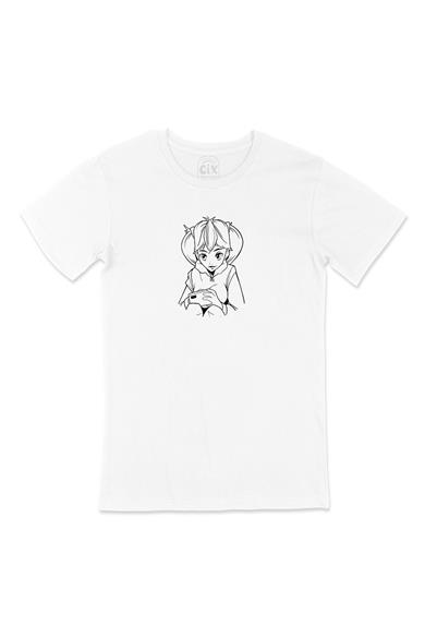 Anime Kız Çizimli Beyaz Tişört