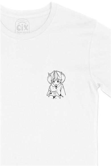 Anime Kız Çizimli Cep Tasarım Baskılı Beyaz Tişört