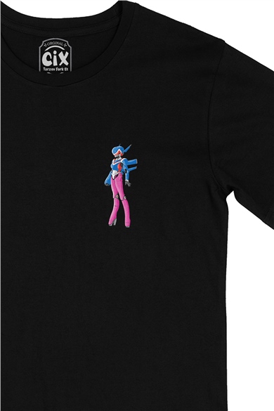 Anime Robot Cep Logo Tasarımlı Siyah Tişört