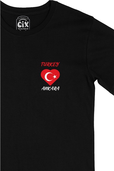 Ankara Türkiye Bayraklı Kalpli Cep Logo Tasarımlı Siyah Tişört