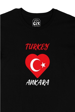 Ankara Türkiye Bayraklı Kalpli Siyah Tişört