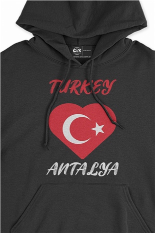 Antalya Türkiye Bayraklı Kalpli Siyah Sweatshirt Hoodie