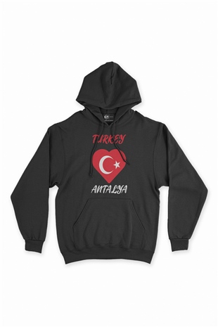Antalya Türkiye Bayraklı Kalpli Siyah Sweatshirt Hoodie