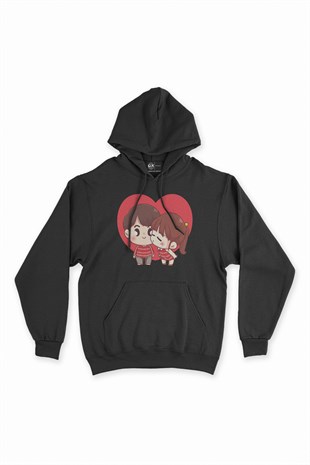 Aşk Öpücüğü Siyah Kapşonlu Sweatshirt Hoodie