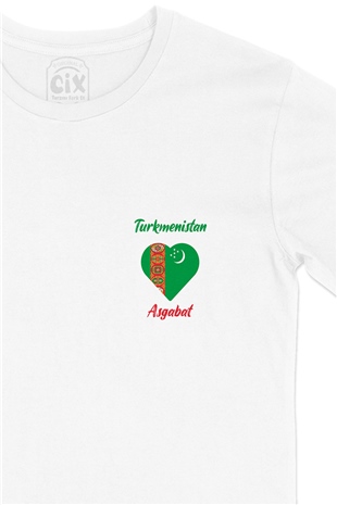 Aşkabat Türkmenistan Bayraklı Kalpli Cep Logo Tasarımlı Beyaz Tişört