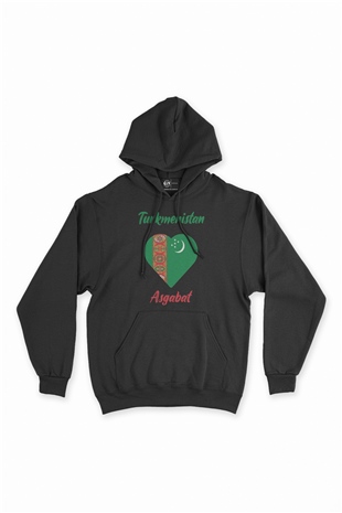 Aşkabat Türkmenistan Bayraklı Kalpli Siyah Sweatshirt Hoodie