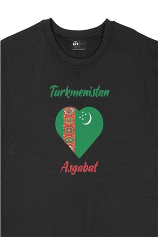 Aşkabat Türkmenistan Bayraklı Kalpli Siyah Sweatshirt