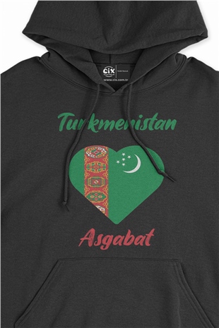 Aşkabat Türkmenistan Bayraklı Kalpli Siyah Sweatshirt Hoodie