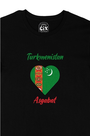 Aşkabat Türkmenistan Bayraklı Kalpli Siyah Tişört