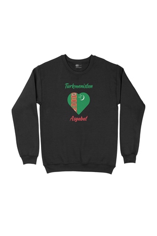 Aşkabat Türkmenistan Bayraklı Kalpli Siyah Sweatshirt