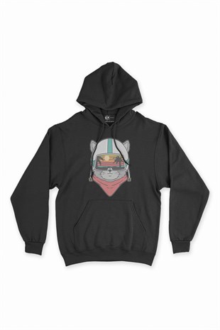Astronot Kedi Tatilde Siyah Kapşonlu Sweatshirt Hoodie