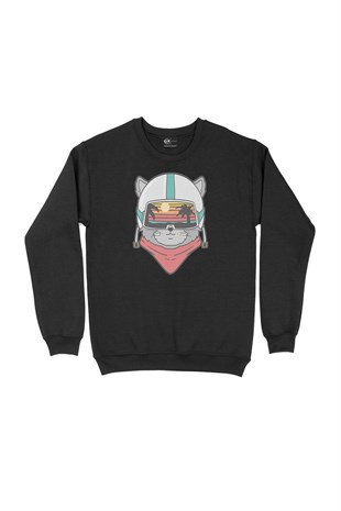 Astronot Kedi Tatilde Siyah Sweatshirt