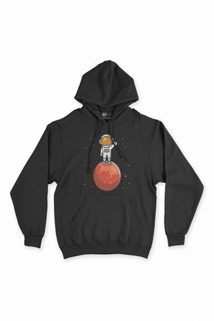Astronot Merhaba Dünya Siyah Kapşonlu Sweatshirt Hoodie