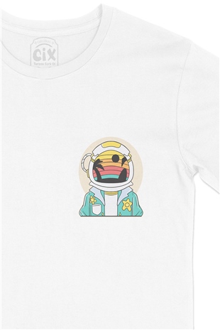 Astronot Uzayda Cep Logo Tasarımlı Beyaz Tişört