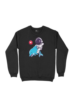 Astronot ve Balina  Siyah Sweatshirt