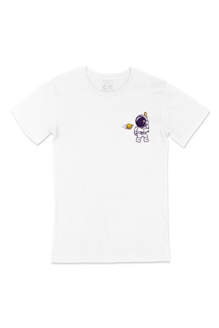 Astronot ve Beyzbol Cep Logo Tasarımlı Beyaz Tişört