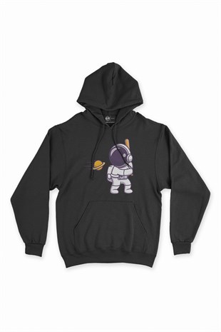 Astronot ve Beyzbol Siyah Kapşonlu Sweatshirt Hoodie