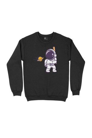 Astronot ve Beyzbol Siyah Sweatshirt