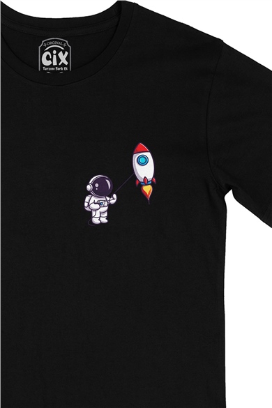 Astronot ve Roket Cep Logo Tasarımlı Siyah Tişört