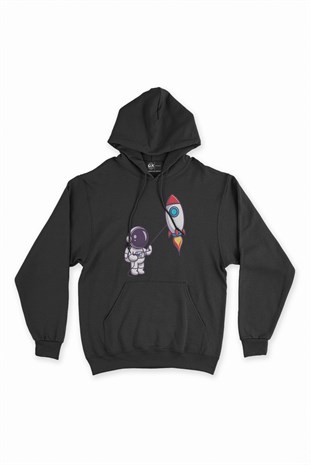 Astronot ve Roket Siyah Kapşonlu Sweatshirt Hoodie