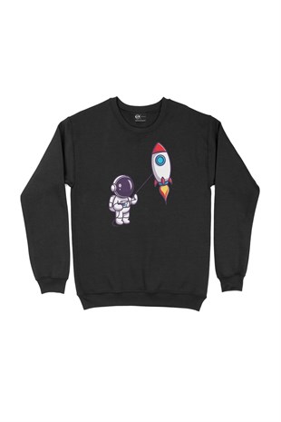 Astronot ve Roket Siyah Sweatshirt
