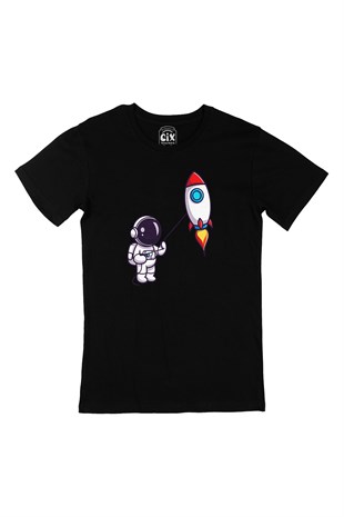 Astronot ve Roket Siyah Tişört