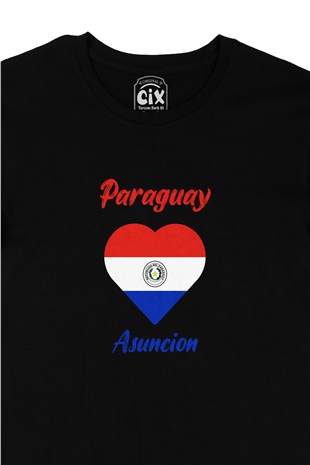 Asuncion Paraguay Bayraklı Kalpli Siyah Tişört