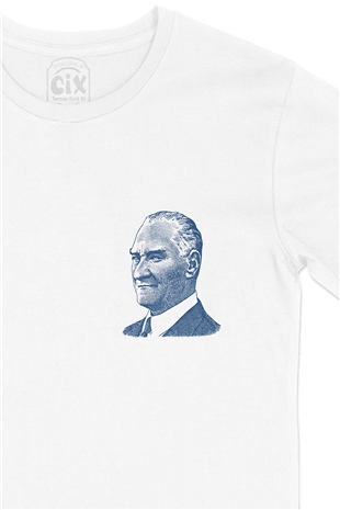 Atatürk Mavi Silüetli Cep Logo Tasarımlı Beyaz Tişört