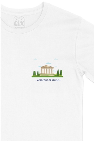 Atina Akropolis  Cep Logo Tasarımlı Beyaz Tişört