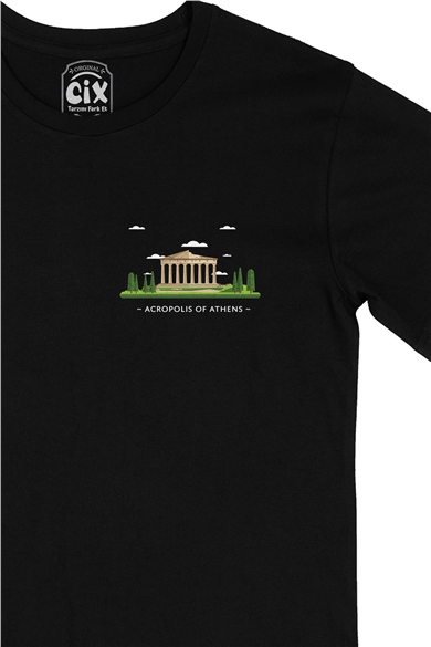 Atina Akropolis Cep Logo Tasarımlı Siyah Tişört