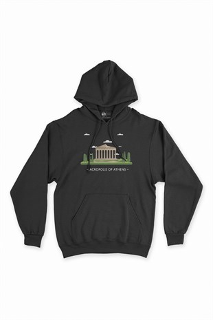 Atina Akropolis Siyah Kapşonlu Sweatshirt Hoodie