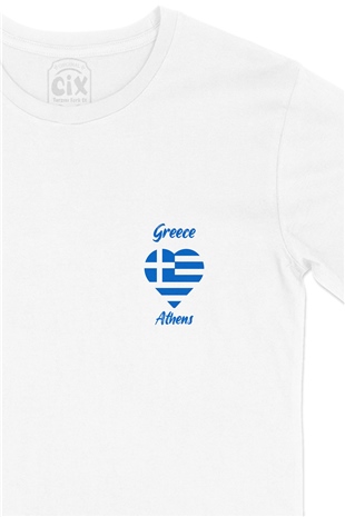 Atina Yunanistan Bayraklı Kalpli Cep Logo Tasarımlı Beyaz Tişört