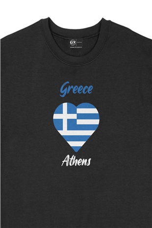 Atina Yunanistan Bayraklı Kalpli Siyah Sweatshirt