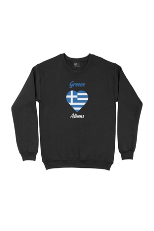 Atina Yunanistan Bayraklı Kalpli Siyah Sweatshirt