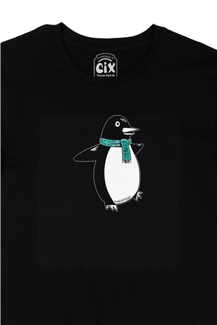 Atkılı Penguen Siyah Tişört