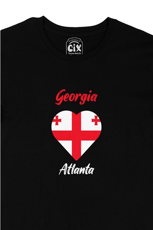 Atlanta Gürcistan Bayraklı Kalpli Siyah Tişört