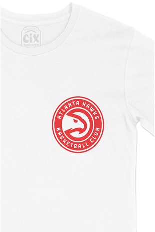 Atlanta Hawks Logolu Cep Logo Tasarımlı Beyaz Tişört