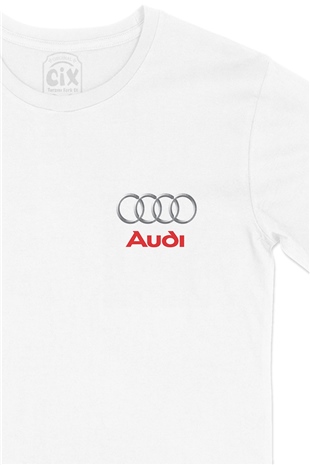 Audi Logolu Cep Logo Tasarımlı Beyaz Tişört