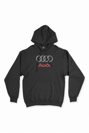 Audi Logolu Siyah Kapşonlu Sweatshirt Hoodie