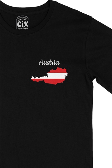 Avusturya Haritalı ve Bayraklı Cep Logo Tasarımlı Siyah Tişört