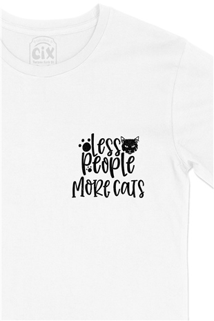 Az İnsan Çok Kedi Cep Logo Tasarımlı Beyaz Tişört