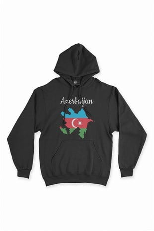 Azerbaycan Haritalı ve Bayraklı Siyah Kapşonlu Sweatshirt Hoodie